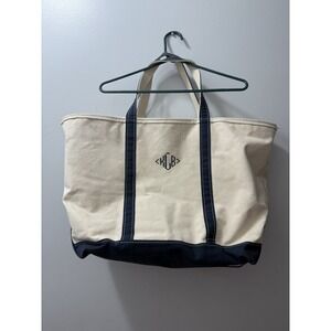Vtg LL Bean Boat And Tote 24" XLarge Navy Blue Natural Zip Top KLB Monogram Bag
